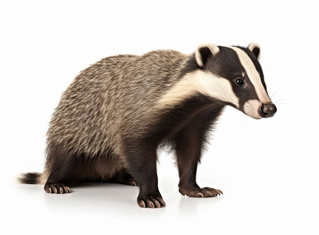 A photo-realistic image of a badger walking on all fours against a white backgroundの素材
