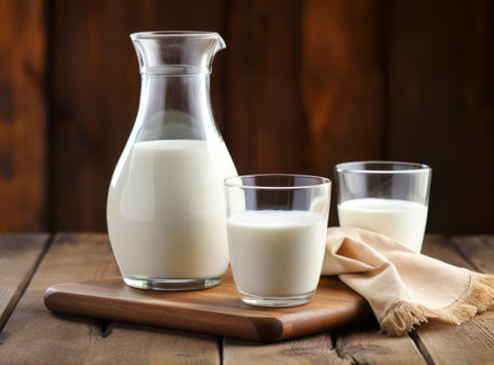 Close-up of a two glasses of milk and a jug of milk on wooden background. The concept banner of farm dairy products and milk day. Copy spaceの素材