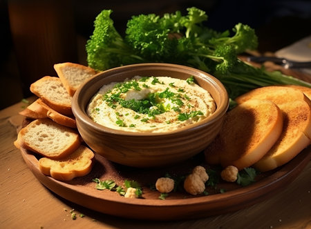 Close-up of hummus in a clay plate with parsley and croutons. Dishes of chickpeas on wooden board. Vegetarian healthy dishの素材