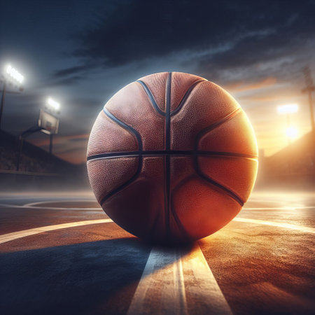 Photo realistic image of a basketball on a court at sunset, with a hoop and lights in the backgroundの素材
