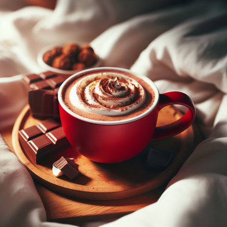 Red mug of hot chocolate with whipped cream and chocolate shavings, on a wooden tray with chocolate pieces and cookiesの素材