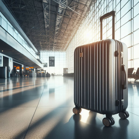 Black suitcase in an airport terminal, with a large window and gate in the background. Adventure and travel conceptの素材