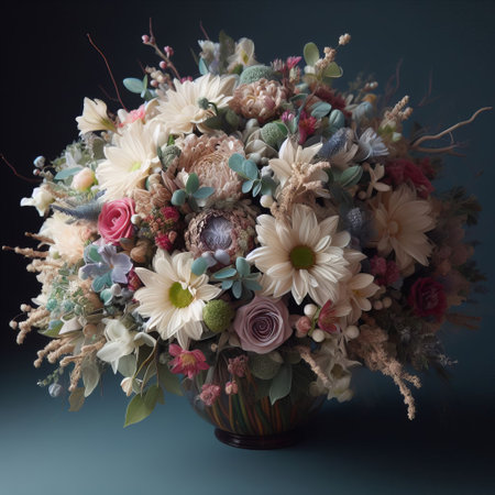 Beautiful bouquet of flowers in various shades of pink, white, and green in a vase against a dark blue backgroundの素材