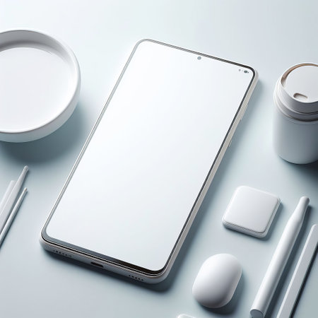 Photo-realistic image of a smartphone with a blank screen, surrounded by various office supplies. Mockup, place for descriptionの素材