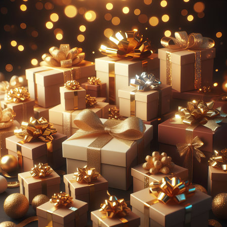 A pile of gift boxes with gold and silver ribbons on a black background with gold bokeh lightsの素材