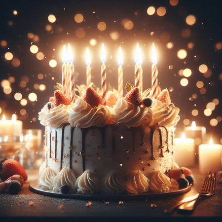 Birthday cake with lit candles and strawberries on a bokeh backgroundの素材