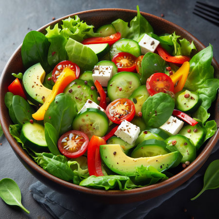 A vibrant, healthy salad with avocado, cucumber, tomato, and pepper in a brown bowl on a dark backgroundの素材