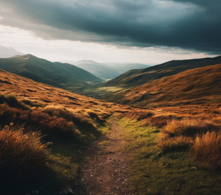 A beautiful landscape with a path leading through the hills and valleys under a dark and cloudy sky, creating a dramatic moodの素材