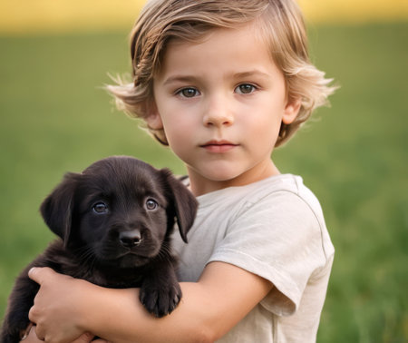 A young child in a white t-shirt tenderly holds a small, furry black puppy in a field of tall grassの素材