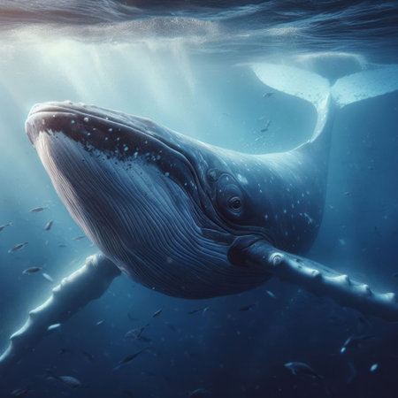 A majestic blue whale swimming in the deep ocean, accompanied by a school of fishの素材