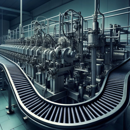 Modern automated bottling production line with stainless steel machinery in a factoryの素材