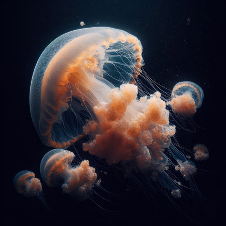 A captivating image of a group of orange and white jellyfish, gracefully floating in the deep blue oceanの素材