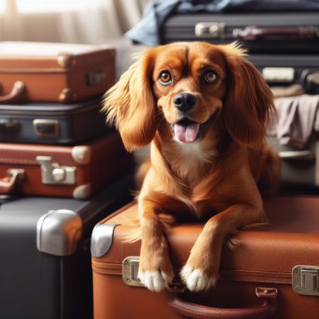 A cute red dog sitting on a suitcase with other luggage in the backgroundの素材