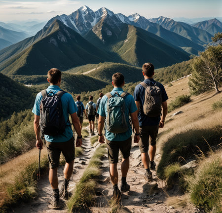 A group of boy scouts trekking along a mountain trail with a stunning mountainous backdropの素材