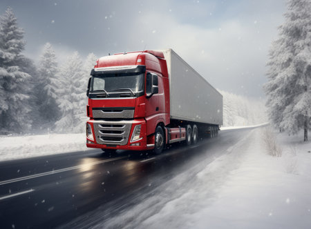A red truck driving on a snowy road with frozen trees in the backgroundの素材