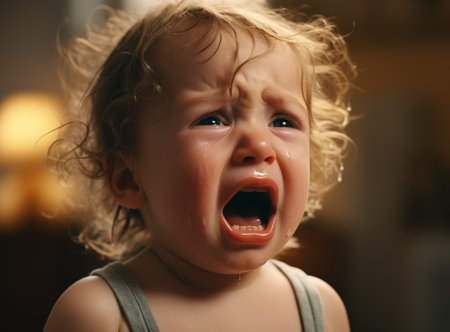 A heart-wrenching moment of a young child with curly hair, crying with a face full of tears and snotの素材