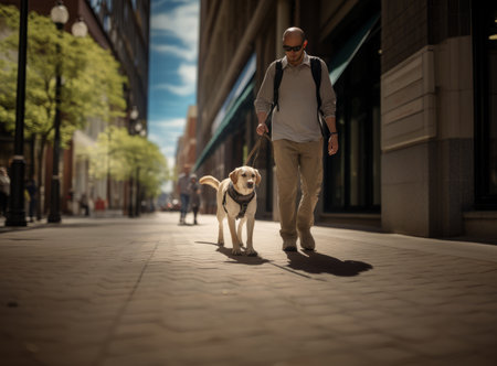 A man and his dog enjoying a walk on a brick sidewalk in an urban settingの素材