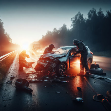 A car accident scene on a highway at dawn, with a severely damaged vehicle and people working on itの素材