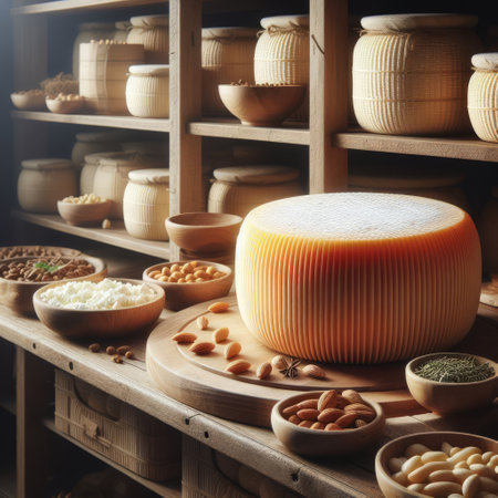 Large round cheese on wooden shelf, surrounded by various nuts, spices, and potteryの素材