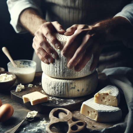 Male hands making cheese on a rustic wooden table in the cheese factoryの素材