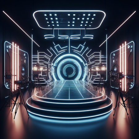 Futuristic image of a symmetrical tunnel with neon lights and a stage, exuding a sci-fi feelの素材
