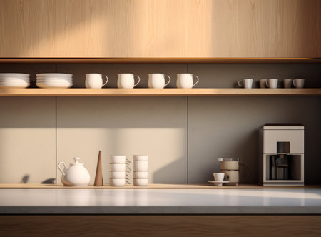 Cozy modern kitchen with wooden cabinets and a coffee machine bathed in warm sunlightの素材
