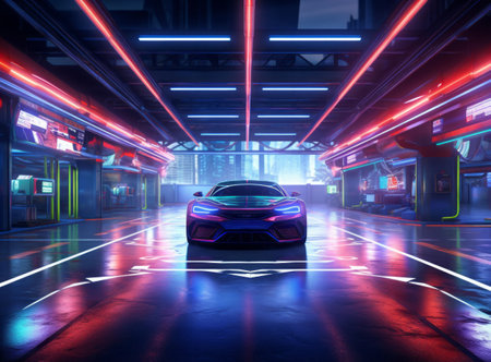 Mirror purple sports car parked on a futuristic city street lined with neon lights and skyscrapersの素材