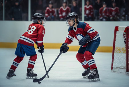 Two hockey players kids in intense competition for the puck near the goal on an ice rinkの素材