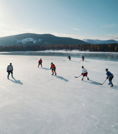 People playing hockey on a frozen lake, surrounded by snowy mountains and forests under a clear skyの素材