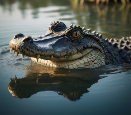 Close-up of a crocodile's head, its textured skin and eyes detailed, reflected in calm watersの素材