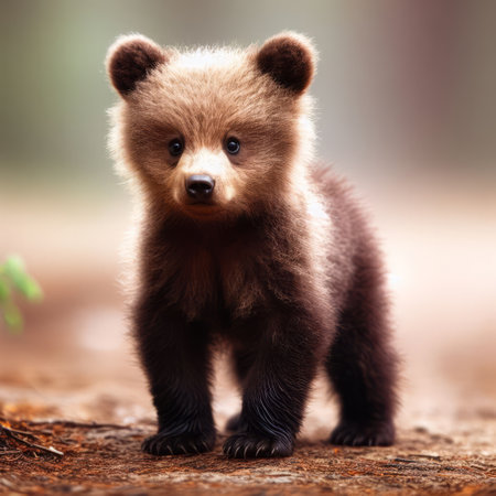 Portrait of cute bear cub standing in a natural setting, with sunlight filtering through the woolの素材