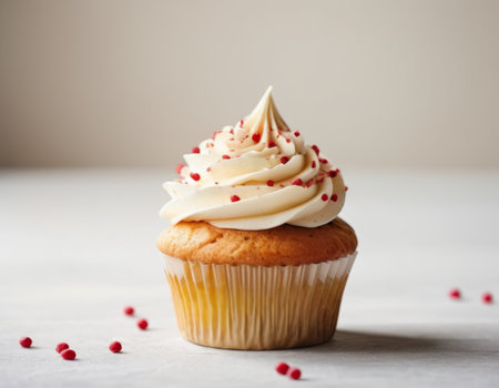 A vanilla cupcake with white frosting and red sprinkles on a white backgroundの素材