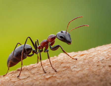 Close-up of an ant on wood, showing intricate details and vibrant colors against a soft green backgroundの素材