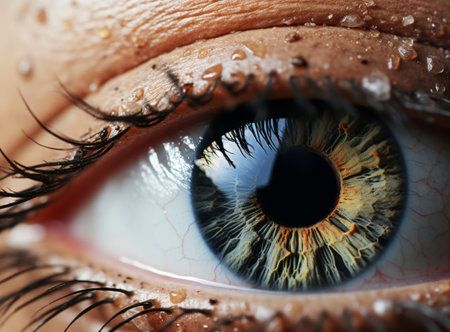 Close-up of a human eye with a golden iris looking at the camera, with drops of water on the eyelashesの素材