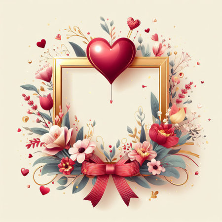 Heart-shaped balloon with a gold frame, surrounded by flowers and leaves. Postcard for Valentine's Dayの素材