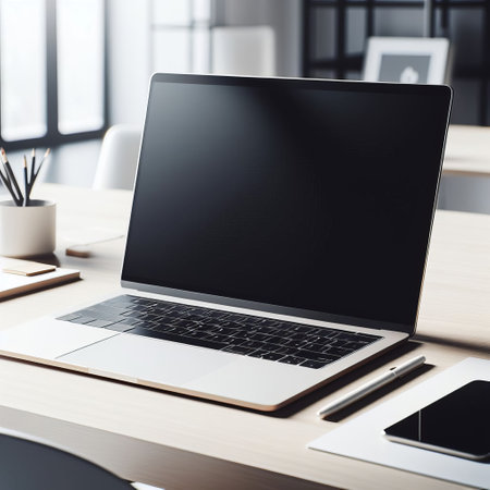 Laptop with blank screen on a desk in a modern officeの素材