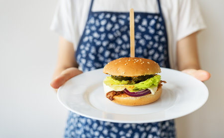 A girl cook in an apron shows serving a traditional hamburger with cheddar cheese and salad. Delicious and fast foodの写真素材