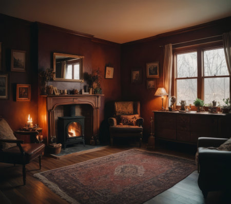 A cozy living room with a fireplace, armchair, and window, decorated with plants, exuding a warm, inviting atmosphereの素材