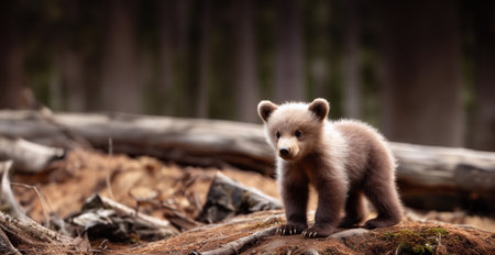 Cute baby bear standing on moss-covered ground in a forest, with fallen logs and trees in the backgroundの素材