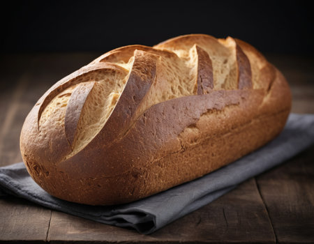 Freshly baked loaf of bread on a wooden table with a gray cloth napkinの素材