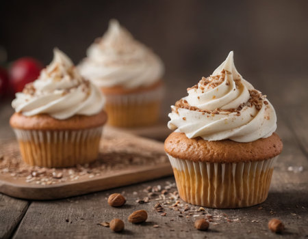 Tempting cupcakes with creamy frosting and nut sprinkles on a rustic wooden board, perfect for dessert adsの素材