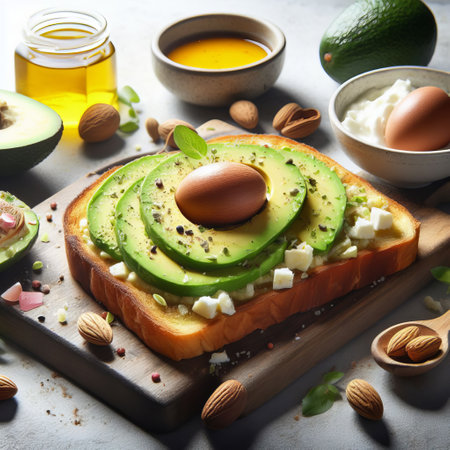Delicious avocado toast with egg and various toppings on a wooden cutting board, surrounded by ingredients on a gray countertopの素材