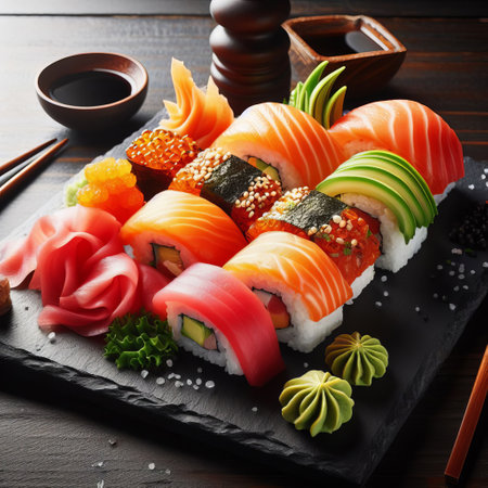Sushi platter with various rolls and sashimi on a black slate plate, served with chopsticks and soy sauce on a dark wooden tableの素材
