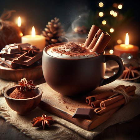 A cozy scene of hot chocolate with cinnamon and chocolate pieces on a wooden table, lit by Christmas lightsの素材