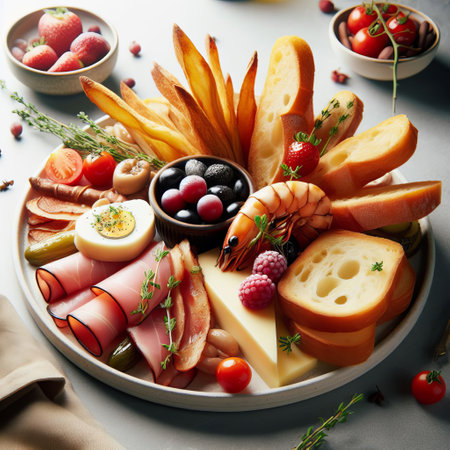 Gourmet charcuterie board with assorted meats, cheeses, fruits, and breads, garnished with herbs and berriesの素材
