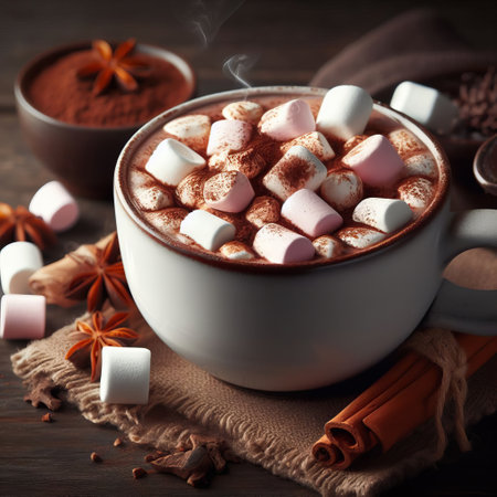 Cozy cup of hot chocolate with pink and white marshmallows, cinnamon sticks on a rustic wooden tableの素材