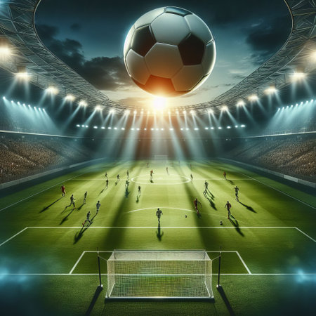 Dramatic image of a soccer ball in motion, flying towards the goal in a floodlit stadiumの素材