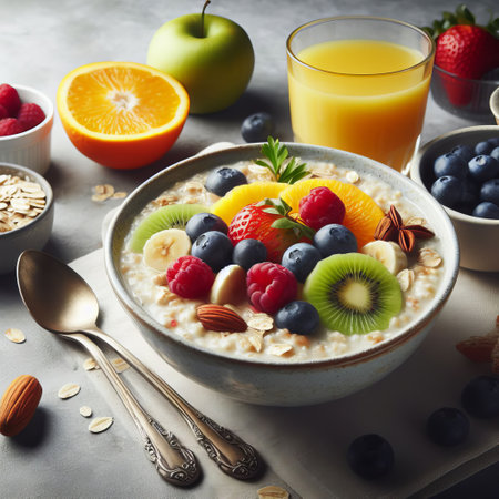 Healthy breakfast bowl with oatmeal, fruits, and nuts on a gray tableの素材