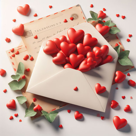 Valentine's Day card with a bouquet of red heart balloons and scattered green leavesの素材