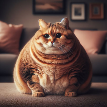 Chubby and cute orange cat sitting on a gray couch in a living roomの素材